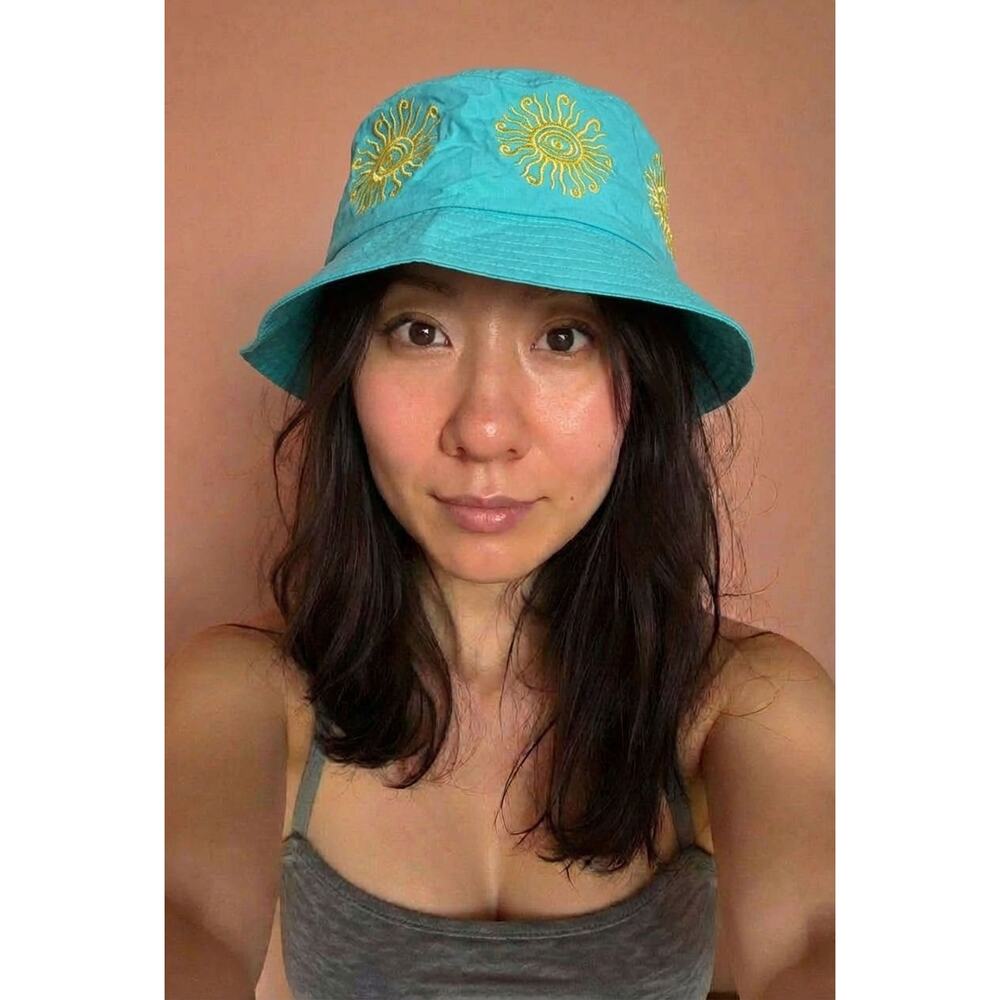 Obey Gravel turquoise bucket hat with yellow sun embroidery